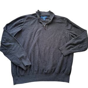 SAVILLE ROW Mens Black 1/4 zip sweater, size XL, w/ Leather pull; cotton blend